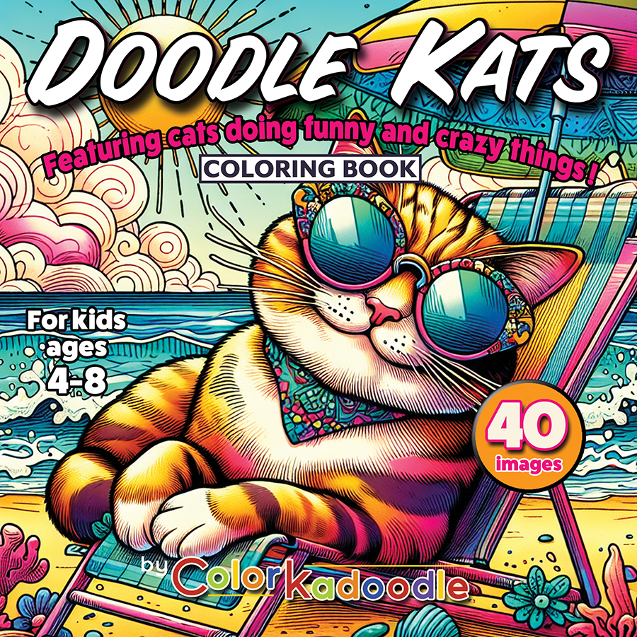 Doodle Kats coloring book cover featuring a playful cat wearing sunglasses on a vibrant beach scene