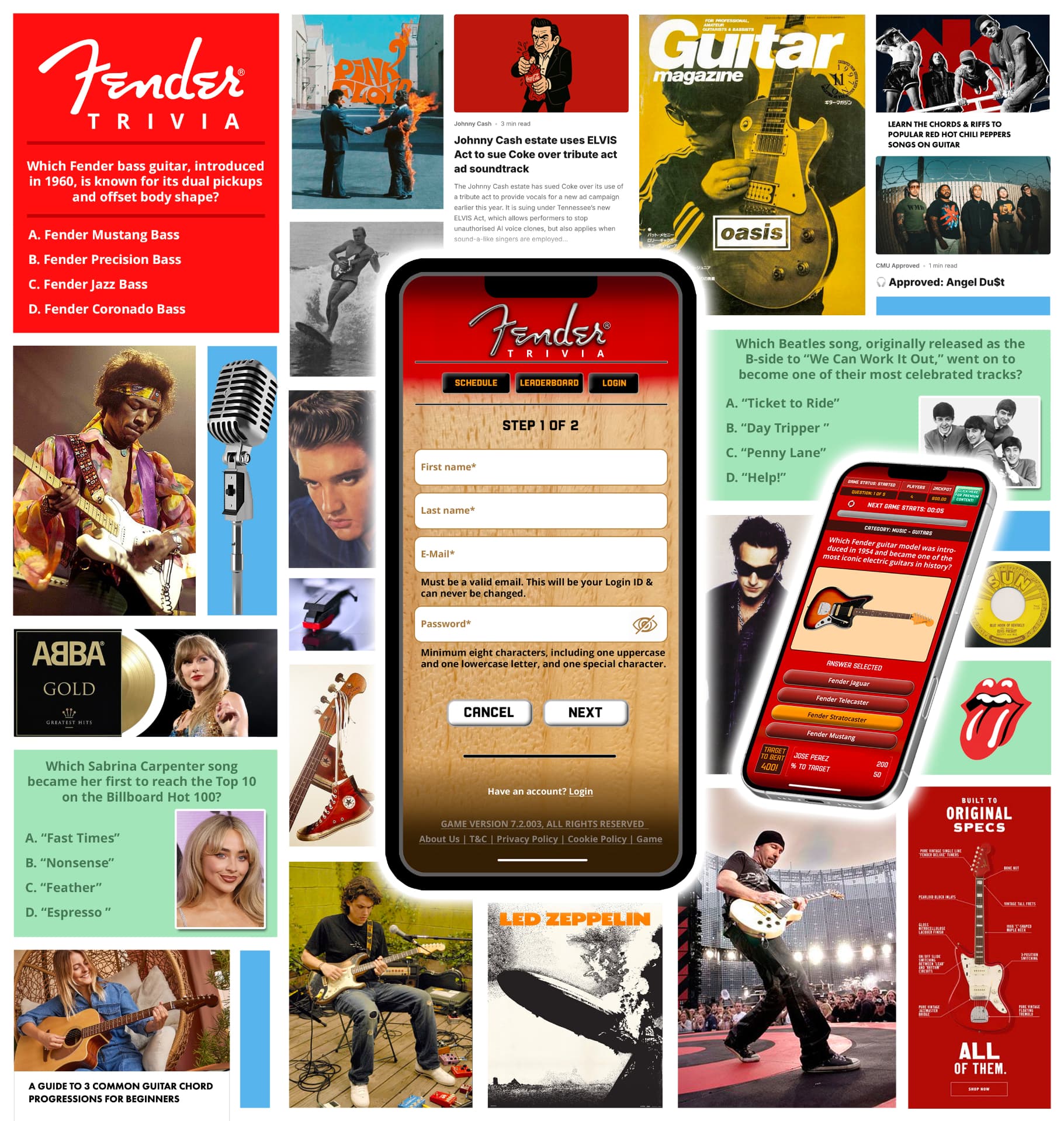 Fender mood board showing screen design, UI flows, and visual system across mobile and desktop