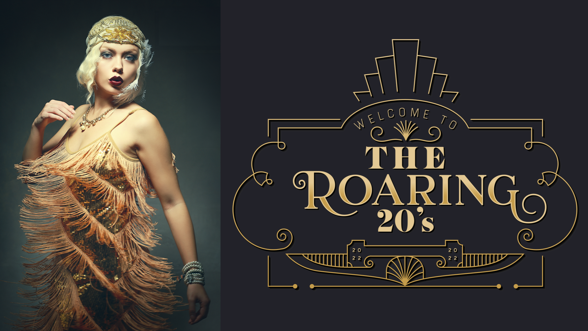 Roaring Twenties themed corporate presentation design with elegant gold art deco typography and 1920s flair